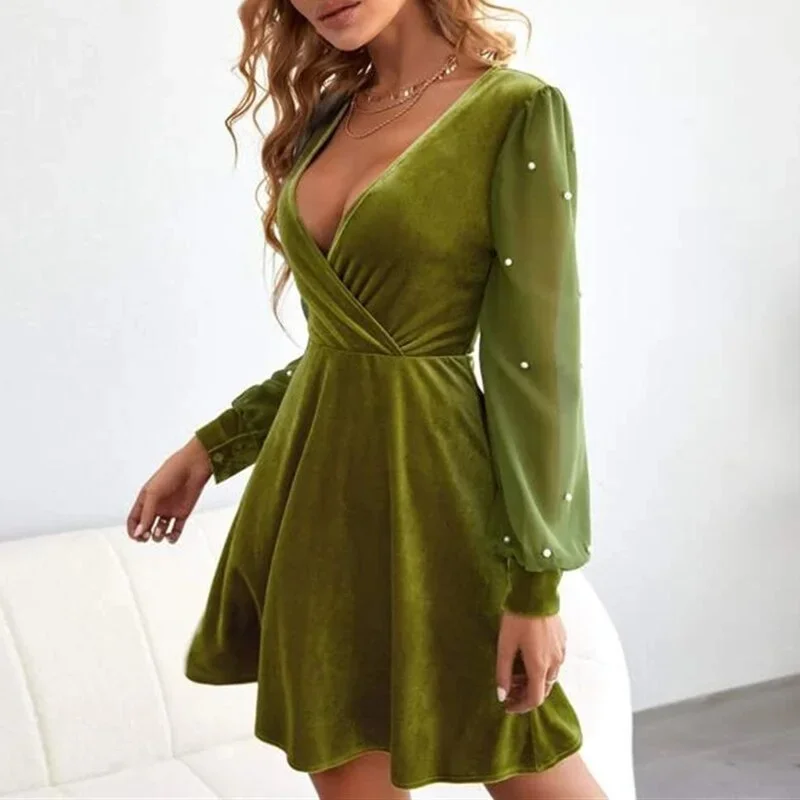 vestido-elegant-solid-color-velvet-dress-spring-sexy-mesh-puff-sleeves-deep-v-neck-a-line-skirt-women-fashion-party-dresses