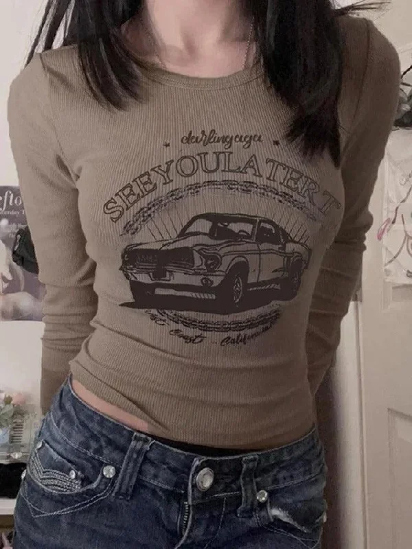 Vintage Car Print Slim Long Sleeve Knit