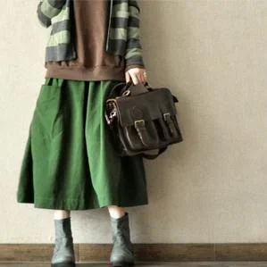 Vintage green big pockets linen skirts high quality stylish loose fitting skirt