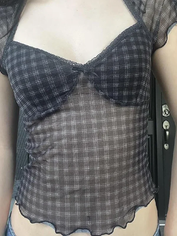 vintage-plaid-mesh-ruffle-top