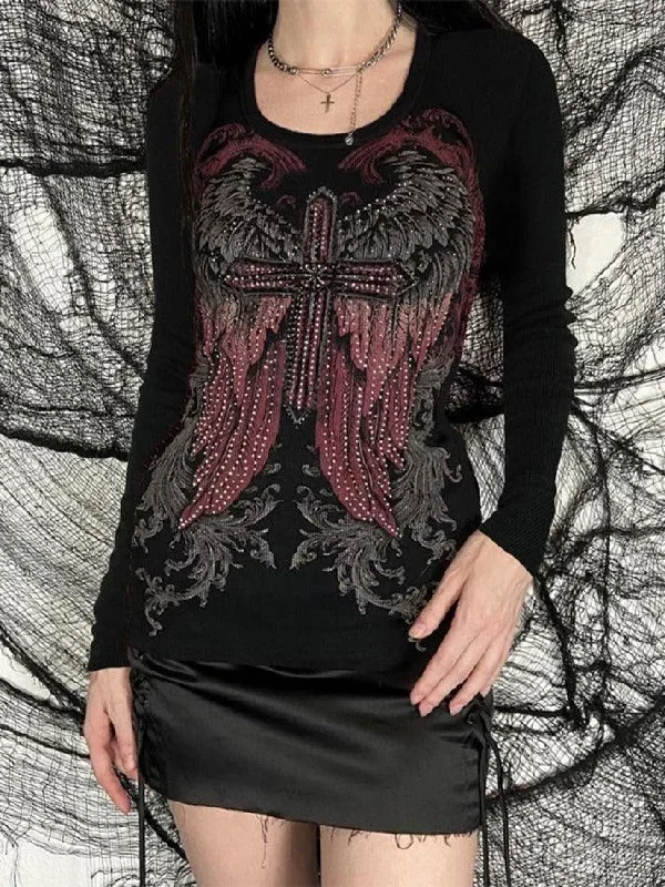 Wing Cross Rhinestone Print Long Sleeve Tee