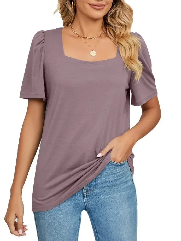 Women Short Sleeve Solid Square Neck T Shirt Tee