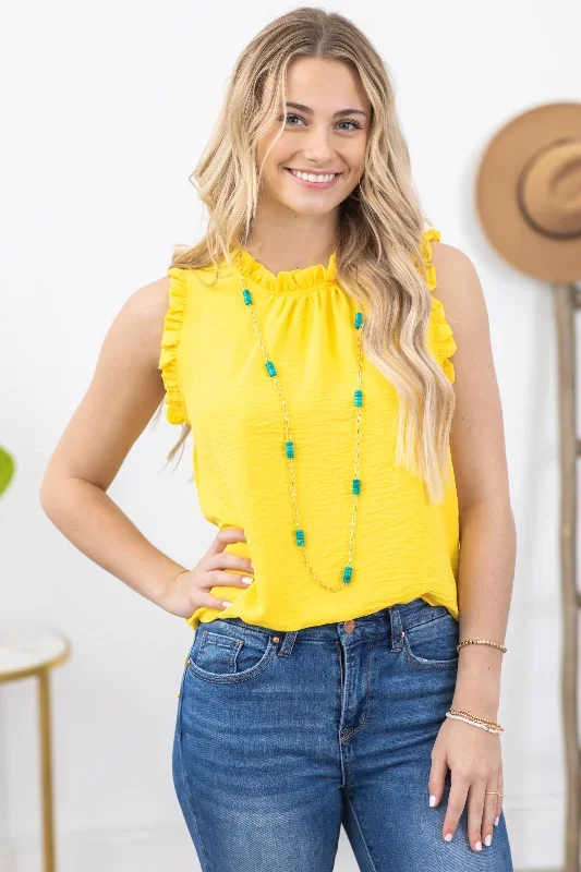 yellow-solid-mock-neck-with-ruffle-woven-top