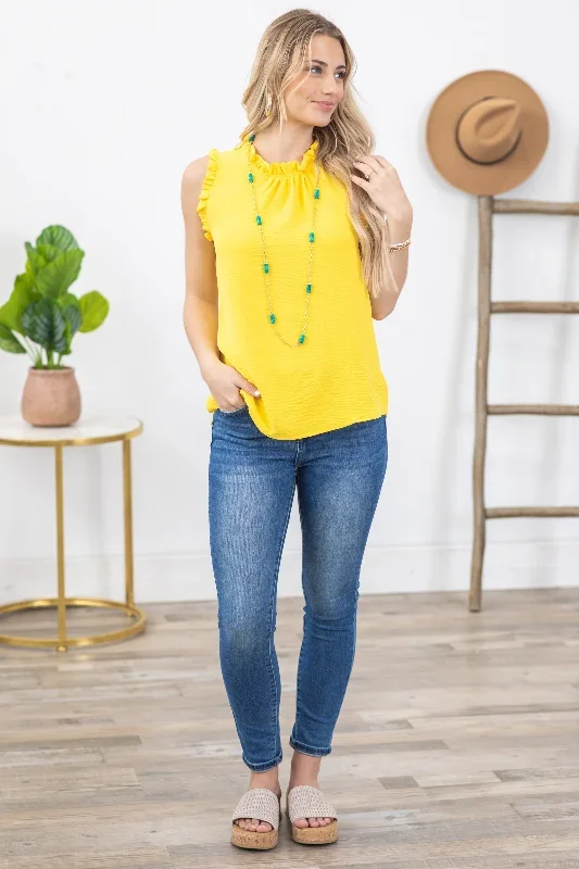 yellow-solid-mock-neck-with-ruffle-woven-top